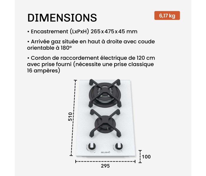 Plaque de cuisson gaz 2 foyers double couronne BELDEKO, Verre BLANC et fonte, 5200 watts