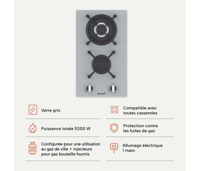 Plaque de cuisson gaz domino verre gris encastrable coloris gris