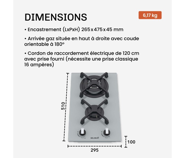 Plaque de cuisson gaz domino verre gris encastrable coloris gris
