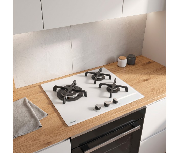 Plaque de cuisson gaz 3 foyers - Verre blanc dépoli - Double couronne 6200 W - Fonte - BELDEKO