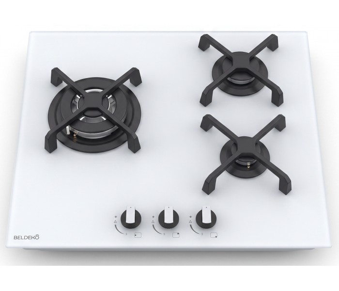 Plaque de cuisson gaz 3 foyers double couronne BELDEKO, Verre blanc mat dépoli et fonte, 6200 watts