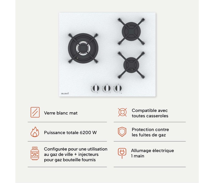 Plaque de cuisson gaz 3 foyers double couronne BELDEKO, Verre blanc mat dépoli et fonte, 6200 watts