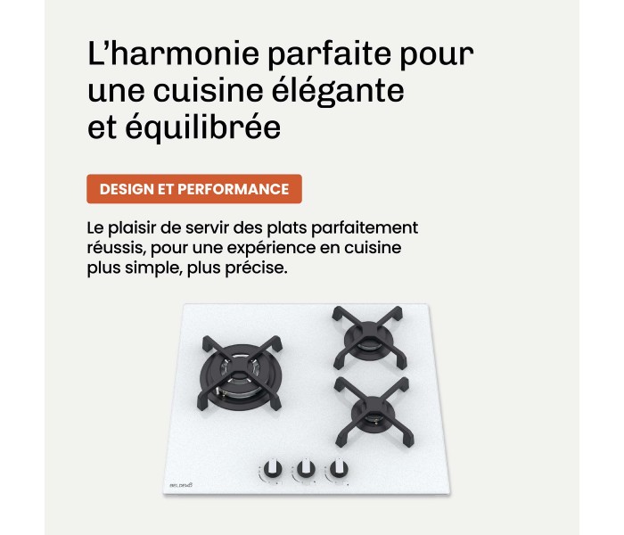 Plaque de cuisson gaz 3 foyers double couronne BELDEKO, Verre blanc mat dépoli et fonte, 6200 watts