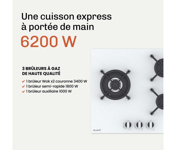 Plaque de cuisson gaz 3 foyers double couronne BELDEKO, Verre blanc mat dépoli et fonte, 6200 watts