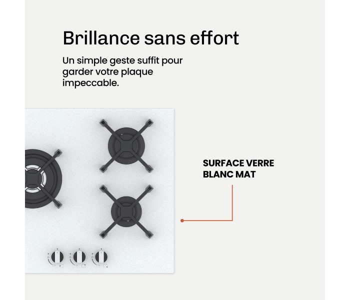 Plaque de cuisson gaz 3 foyers double couronne BELDEKO, Verre blanc mat dépoli et fonte, 6200 watts