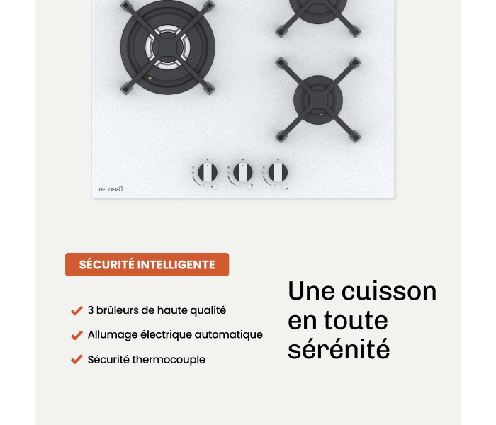 Plaque de cuisson gaz 3 foyers double couronne BELDEKO, Verre blanc mat dépoli et fonte, 6200 watts