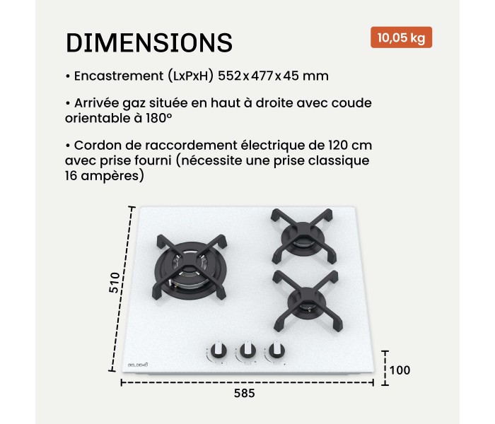 Plaque de cuisson gaz 3 foyers double couronne BELDEKO, Verre blanc mat dépoli et fonte, 6200 watts