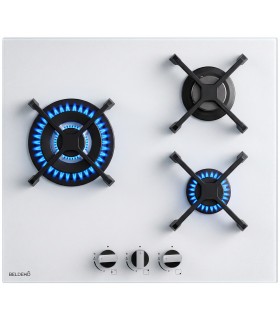 Plaque de cuisson gaz 3 foyers double couronne BELDEKO, Verre blanc mat dépoli et fonte, 6200 watts