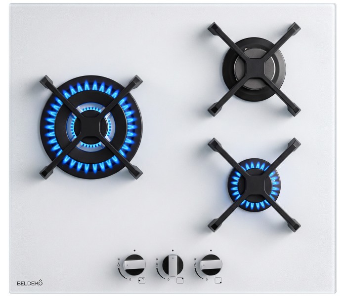 Plaque de cuisson gaz 3 foyers double couronne BELDEKO, Verre blanc mat dépoli et fonte, 6200 watts