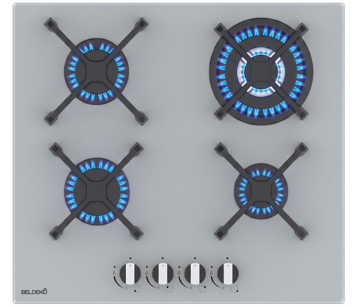 Plaque de cuisson gaz 4 foyers BELDEKO, Verre grise, Double couronne 8000W  vue des commandes