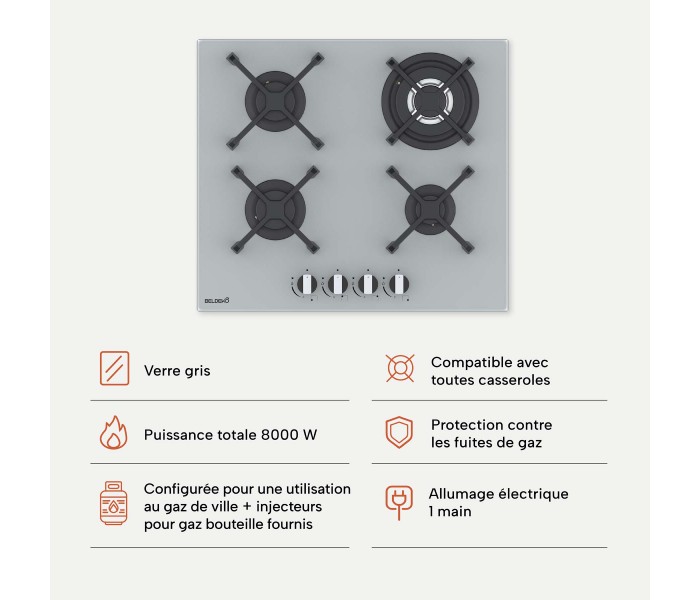 Plaque de cuisson gaz 4 foyers BELDEKO, Verre grise, Double couronne 8000W