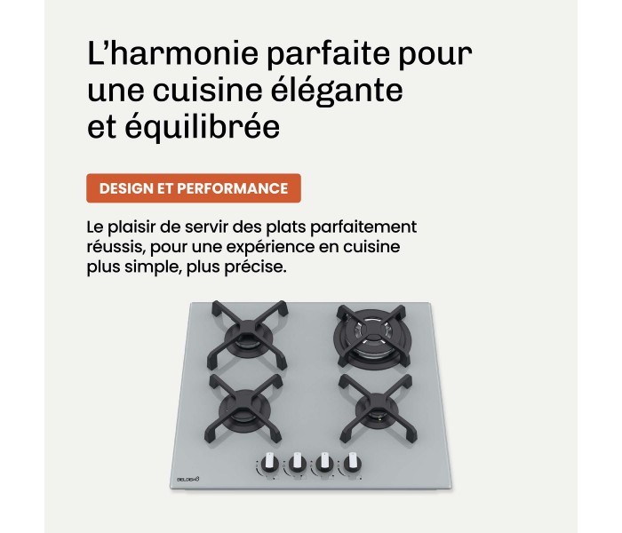 Plaque de cuisson gaz 4 foyers BELDEKO, Verre grise, Double couronne 8000W