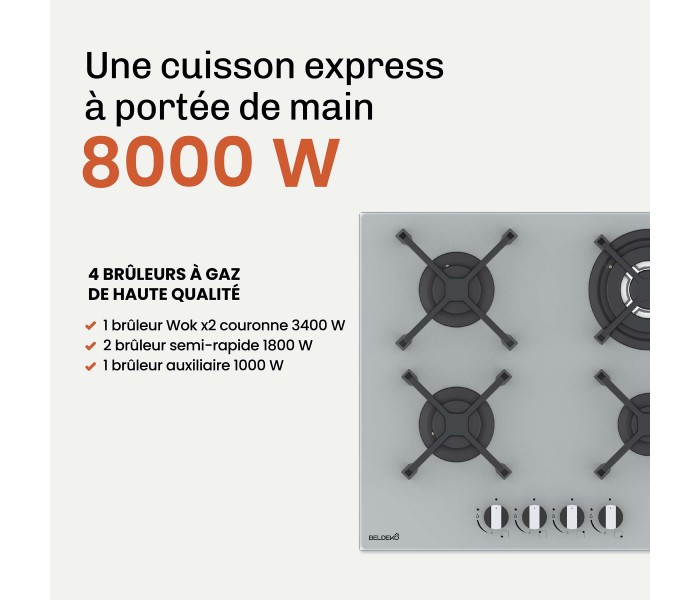 Plaque de cuisson gaz 4 foyers BELDEKO, Verre grise, Double couronne 8000W
