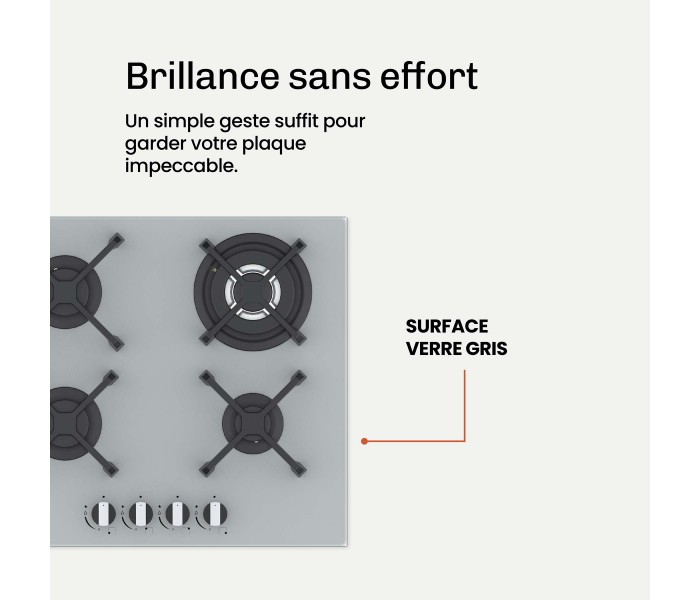 Plaque de cuisson gaz 4 foyers BELDEKO, Verre grise, Double couronne 8000W