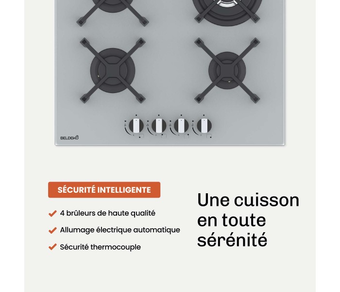 Plaque de cuisson gaz 4 foyers BELDEKO, Verre grise, Double couronne 8000W