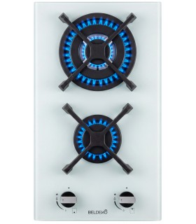 Plaque de cuisson gaz 2 foyers double couronne BELDEKO, Verre BLANC et fonte, 5200 watts
