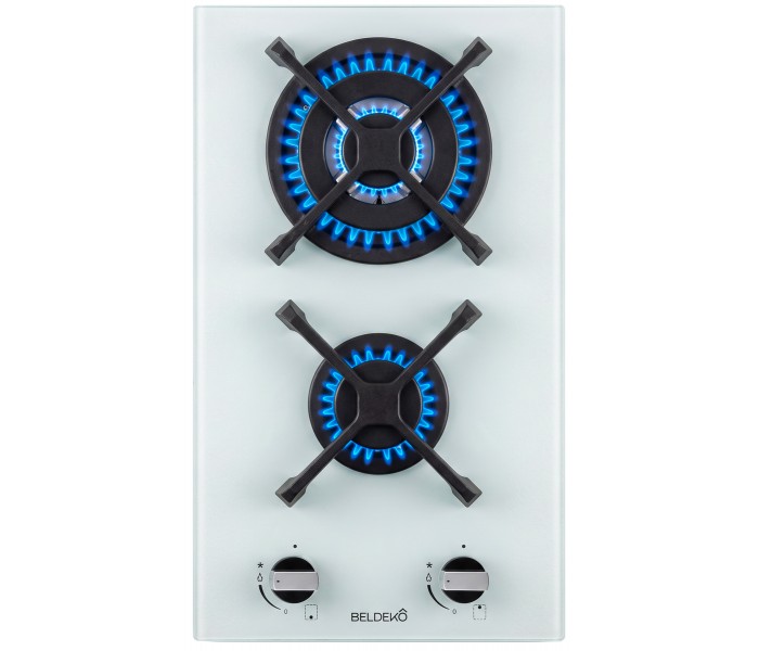 Plaque de cuisson gaz 2 foyers double couronne BELDEKO, Verre BLANC et fonte, 5200 watts