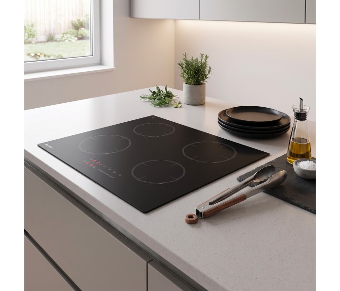 Plaque Induction Encastrable 4 Zones 7200W BELDEKO, Verre Noir MAT, 4 Boosters, Slider Tactile, Pause