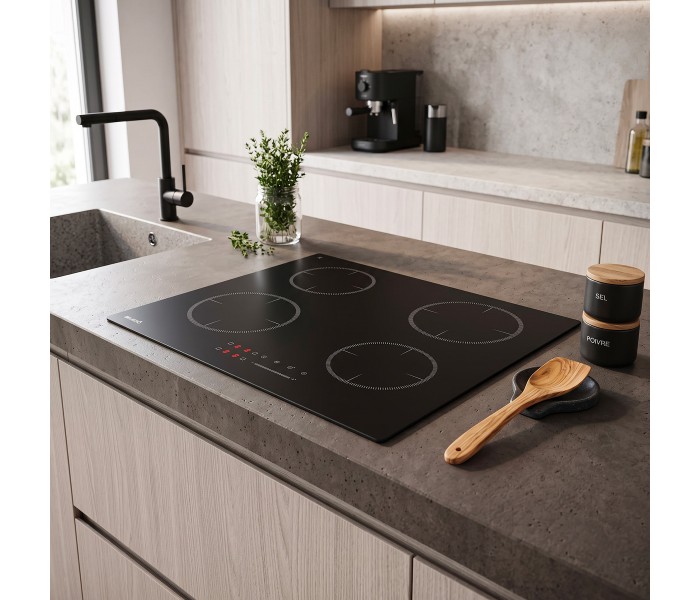 Plaque Induction Encastrable 4 Zones 7200W BELDEKO, Verre Noir MAT, 4 Boosters, Slider Tactile, Pause