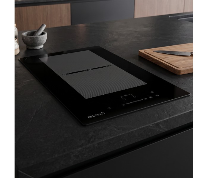 Plaque Induction Encastrable 2 Zones Flex Bridge 3500W BELDEKO, Verre Noir Mat Antirayure, Booster, Prise