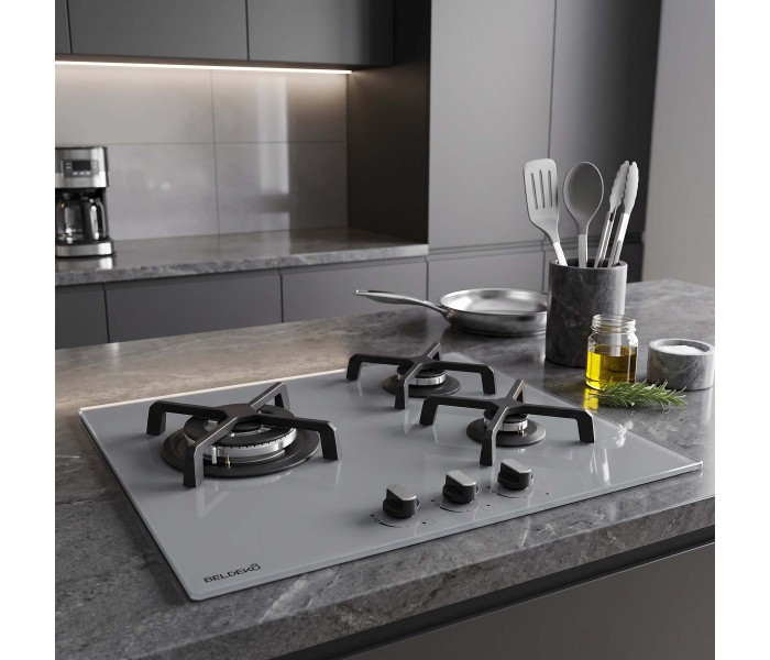 Plaque de cuisson gaz 3 foyers - Verre gris - Double couronne 6200 W - Fonte - BELDEKO