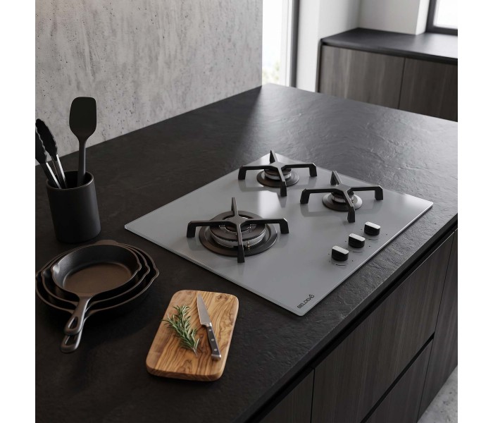 Plaque de cuisson gaz 3 foyers - Verre gris - Double couronne 6200 W - Fonte - BELDEKO