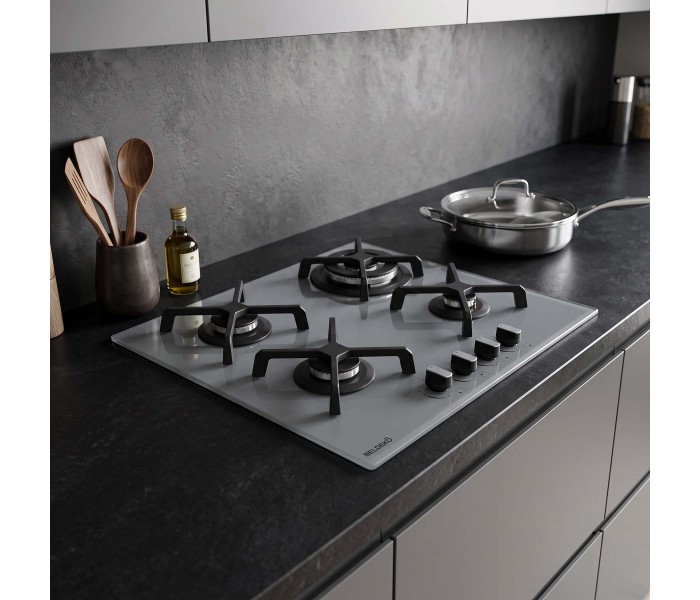 Plaque de cuisson gaz 4 foyers - Verre gris - Double couronne 8000 W - Fonte - BELDEKO