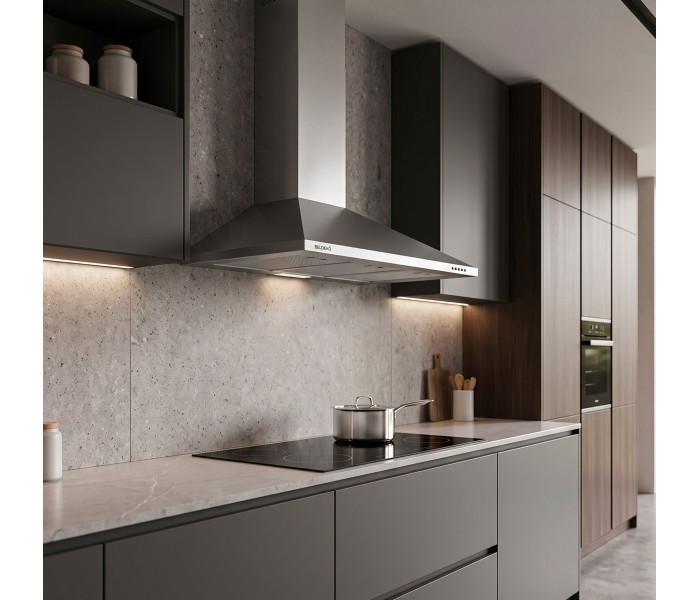 Hotte de Cuisine Décorative Inox 90cm -Triangle - Pyramide 338 m³/ h - Evacuation ou Recyclage - Eclairage LED