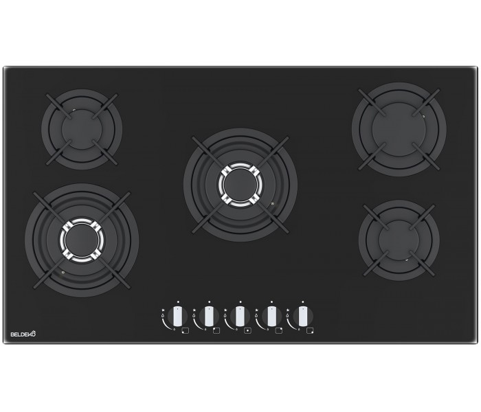PLAQUE DE CUISSON GAZ 5 FOYERS - VERRE NOIR - 2 DOUBLE COURONNE 12800 W - FONTE - BELDEKO
