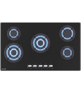 plaque gaz 5 feux, 5 foyers, 5 zones, verre noir encastrable double couronne