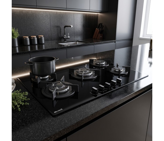 PLAQUE DE CUISSON GAZ 5 FOYERS - VERRE NOIR - 2 DOUBLE COURONNE 12800 W - FONTE - BELDEKO