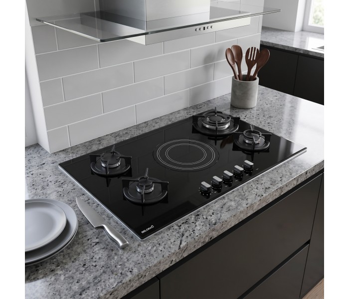 PLAQUE DE CUISSON MIXTE GAZ ET VITROCERAMIQUE 5 FOYERS - VERRE NOIR - DOUBLE COURONNE 10200 W - FONTE - BELDEKO
