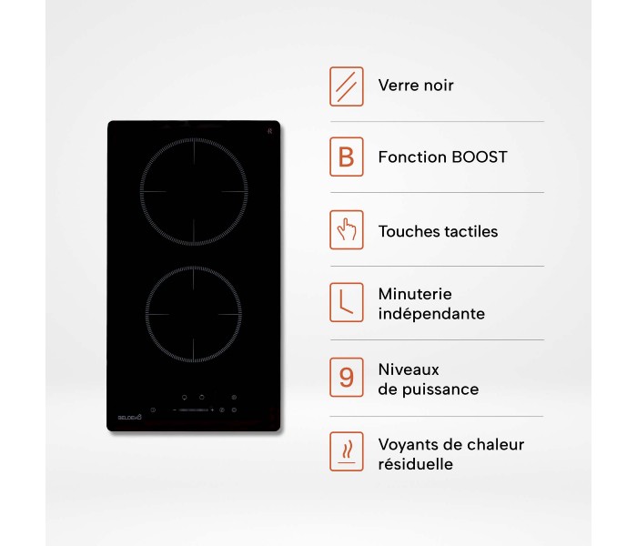 Plaque Induction Encastrable 2 Zones 3800W - Verre Noir - Booster - Prise