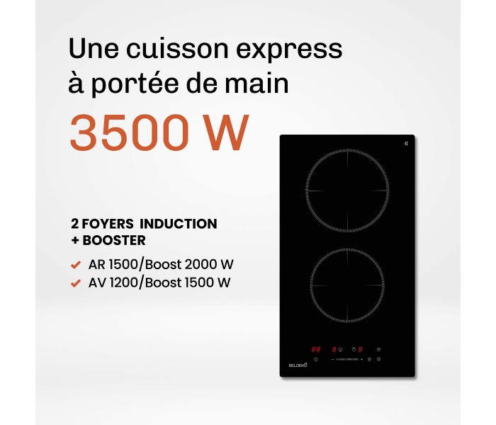 Plaque Induction Encastrable 2 Zones 3800W - Verre Noir - Booster - Prise