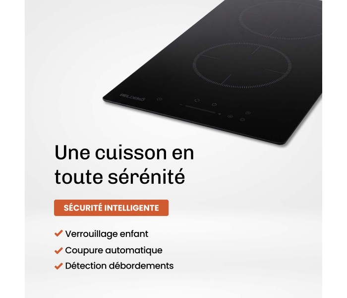 Plaque Induction Encastrable 2 Zones 3800W - Verre Noir - Booster - Prise