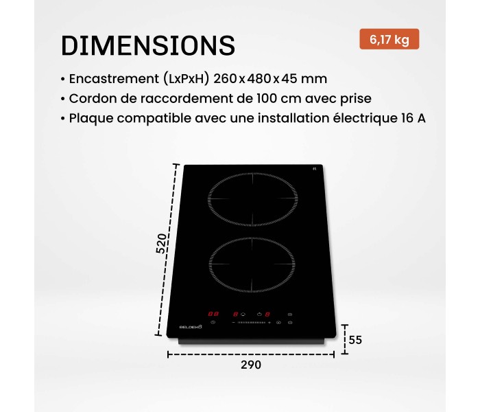 Plaque Induction Encastrable 2 Zones 3800W - Verre Noir - Booster - Prise