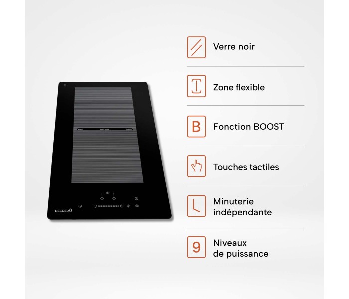 Plaque Induction Encastrable 2 Zones Flex Bridge 3500W - Verre Noir - Booster - Prise