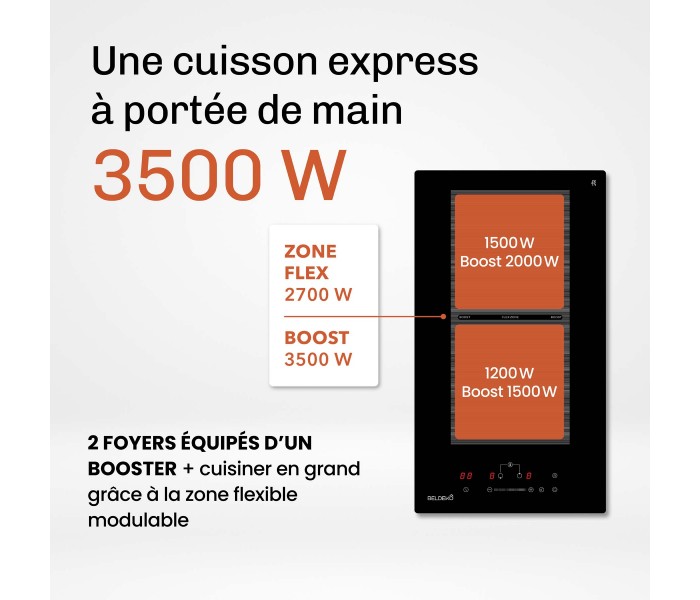 Plaque Induction Encastrable 2 Zones Flex Bridge 3500W - Verre Noir - Booster - Prise