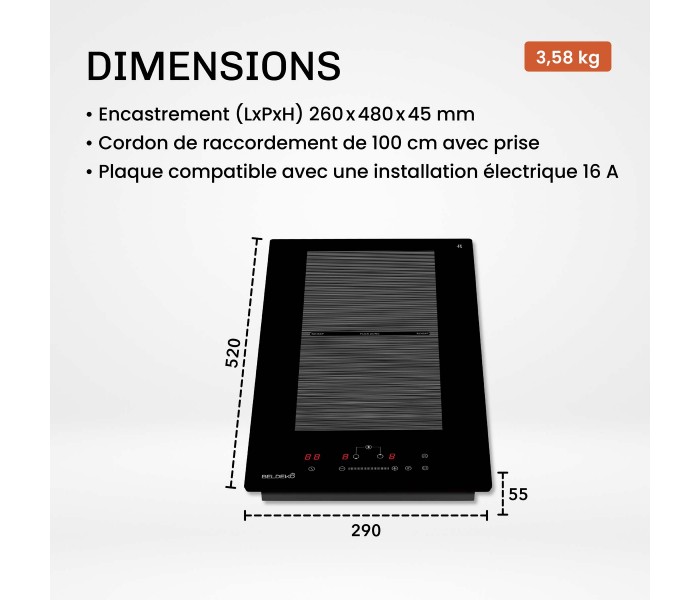 Plaque Induction Encastrable 2 Zones Flex Bridge 3500W - Verre Noir - Booster - Prise
