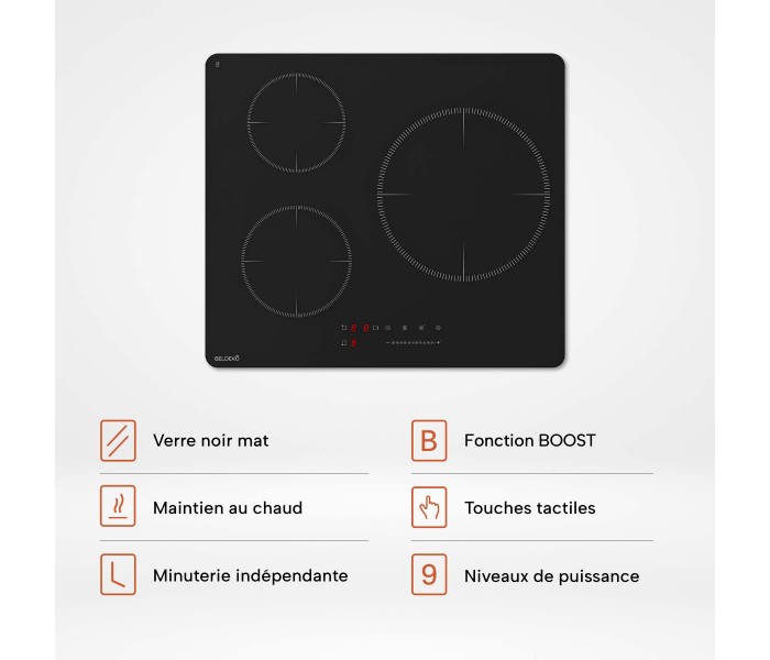 plaque induction 3 zones avec un verre. noir mat