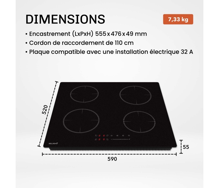 plaque induction 4 feux noir mat antirayure 4 zones