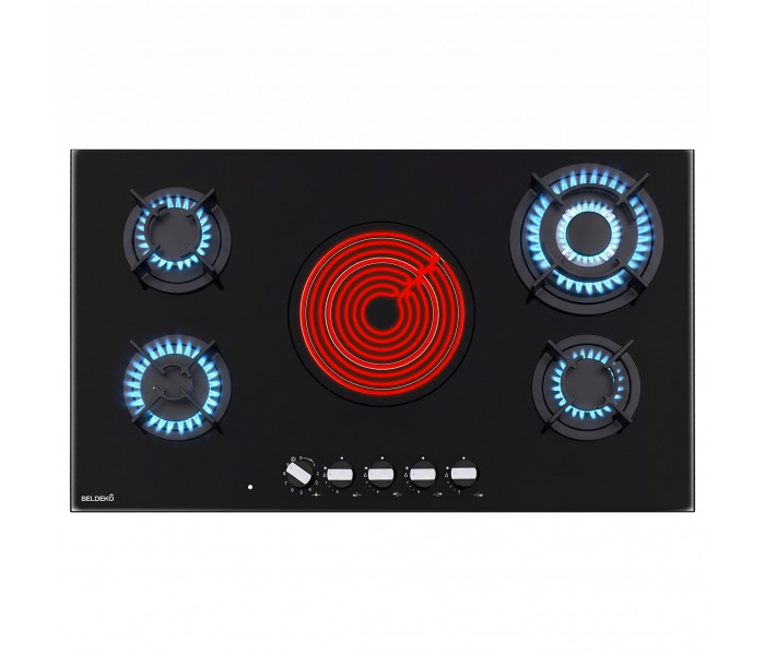 Plaque de cuisson mixt gaz vitrocéramique 5 feux 90 cm encastrable double couronne