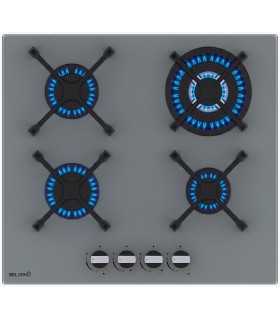 Plaque de cuisson gaz 4 foyers BELDEKO, Verre grise, Double couronne 8000W  vue des commandes