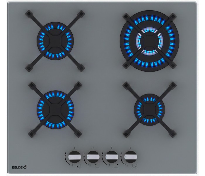 Plaque de cuisson gaz 4 foyers BELDEKO, Verre grise, Double couronne 8000W  vue des commandes