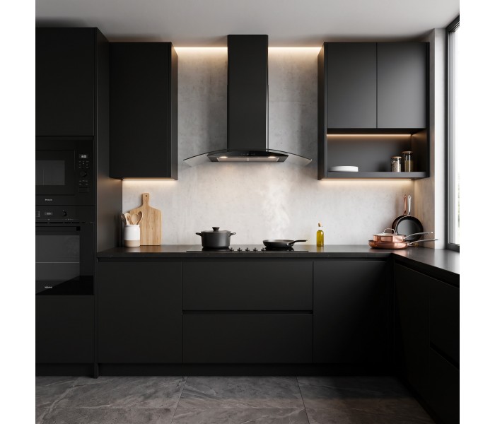 HOTTE DECORATIVE MURALE 90 CM - VERRE ET NOIR - 850 M3/H - MOTEUR BRUSHLESS A+++ COMMANDE TACTILE ET GESTUELLE - BELDEKO