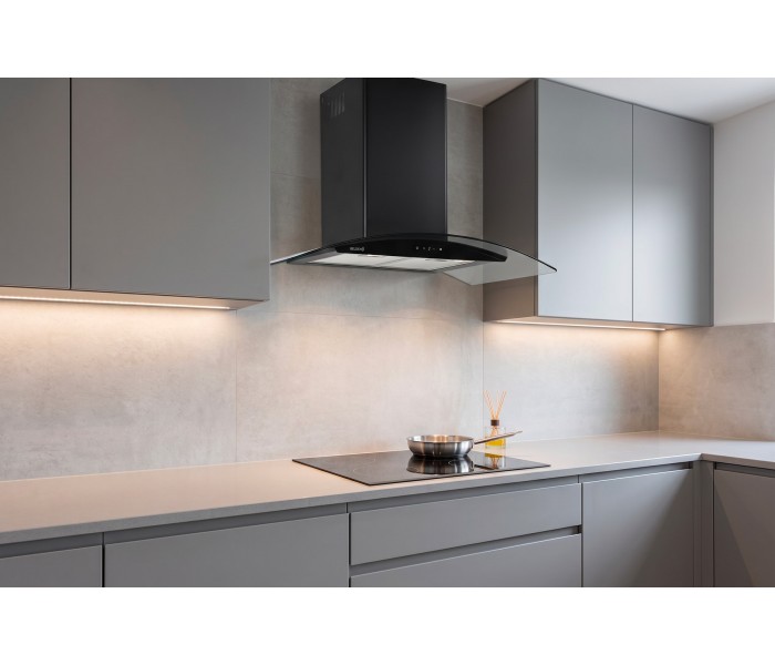 HOTTE DECORATIVE MURALE 90 CM - VERRE ET NOIR - 850 M3/H - MOTEUR BRUSHLESS A+++ COMMANDE TACTILE ET GESTUELLE - BELDEKO