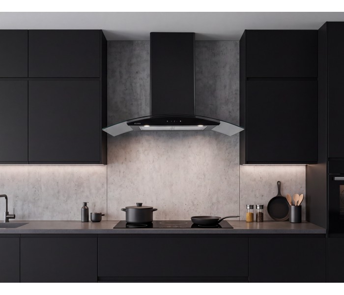 HOTTE DECORATIVE MURALE 90 CM - VERRE ET NOIR - 850 M3/H - MOTEUR BRUSHLESS A+++ COMMANDE TACTILE ET GESTUELLE - BELDEKO