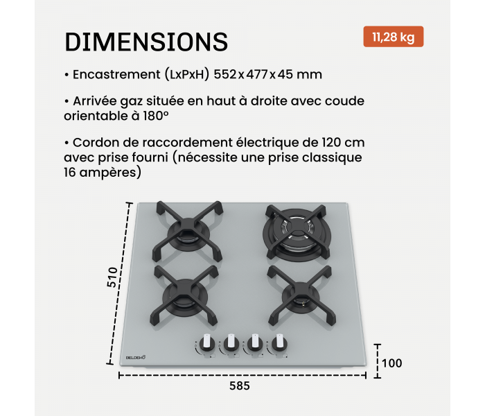 Plaque de cuisson gaz 4 foyers - Verre gris - Double couronne 8000 W - Fonte - BELDEKO