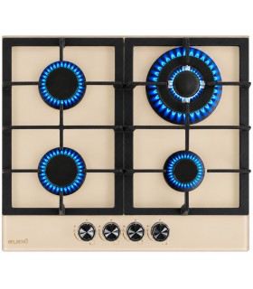 Plaque de cuisson gaz 4 foyers double couronne BELDEKO, Verre beige et fonte, 8000 watts
