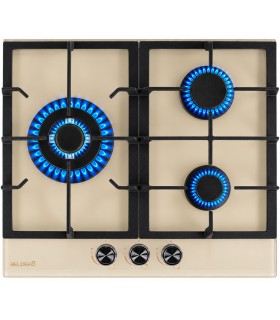 Plaque de cuisson gaz 3 foyers double couronne BELDEKO, Verre beige et fonte, 6200 watts